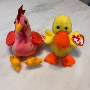 Ty Beanie Baby Lot‎ of 2 Chicken & Duck Plush Stuffed Animal Toy Kids